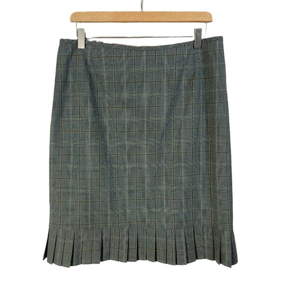 y2k Tahari Vintage Grey Green Plaid Pencil Skirt Pleated Office Siren Size 12 - Picture 1 of 10